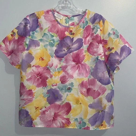 Vintage Blair Women’s Blouse Bold Floral Bright Short Sleeve Top Size 16 L XL - Picture 6 of 16